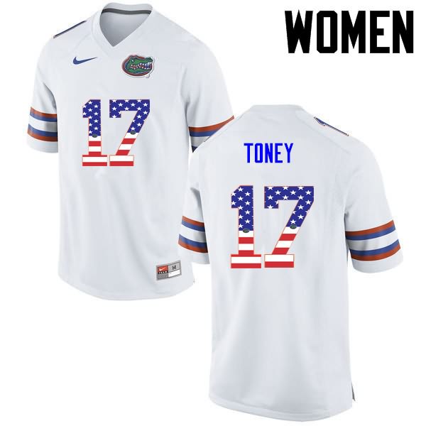 NCAA Florida Gators Kadarius Toney Women's #17 USA Flag Fashion Nike White Stitched Authentic College Football Jersey JNR8464BE